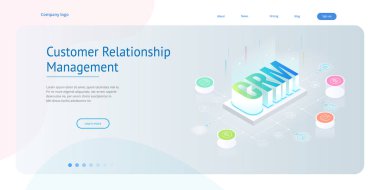 İzometrik Crm web afiş. Müşteri ilişkisi yönetimi kavramı. İş Internet teknoloji vektör çizim
