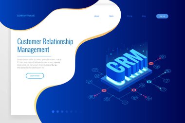 İzometrik Crm web afiş. Müşteri ilişkisi yönetimi kavramı. İş Internet teknoloji vektör çizim