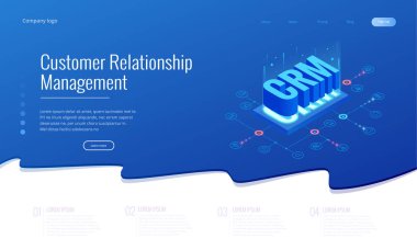 İzometrik Crm web afiş. Müşteri ilişkisi yönetimi kavramı. İş Internet teknoloji vektör çizim