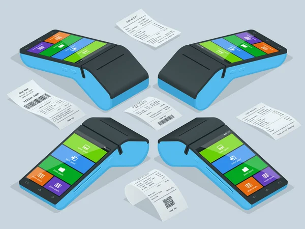 Διάνυσμα απόδειξη μηχανή και μετρητά πληρωμής. Τερματικό pos επιβεβαιώνει την πληρωμή με πιστωτική κάρτα χρεωστική, invoce. Εικονογράφηση διάνυσμα σε επίπεδη σχεδίαση. Έννοια πληρωμές NFC. Ισομετρική έννοια πληρωμές Nfc — Διανυσματικό Αρχείο