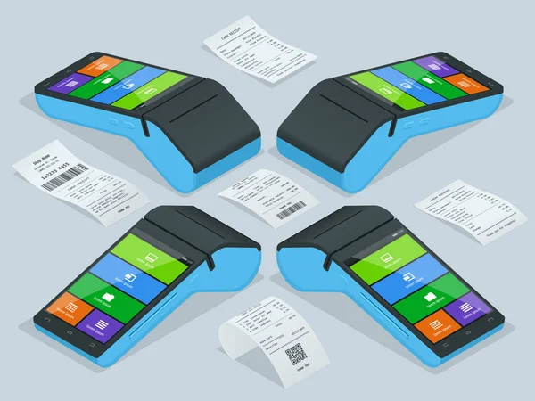 Máquina de pago vectorial y recibo en efectivo. Terminal POS confirma el pago con tarjeta de crédito de débito, factura. Ilustración vectorial en diseño plano. Concepto de pagos NFC. Concepto isométrico de pagos NFC — Archivo Imágenes Vectoriales