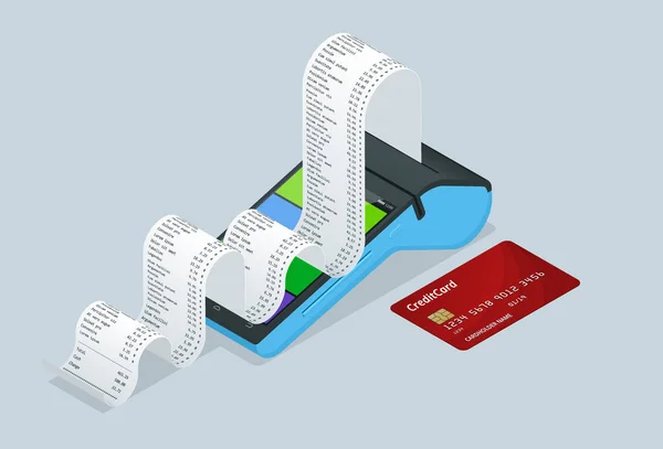 Vector Zahlungsmaschine und Kreditkarte. POS-Terminal bestätigt die Zahlung per Debitkarte, Rechnung. Vektorillustration in flachem Design. NFC-Bezahlkonzept. Isometrisches NFC-Zahlungskonzept — Stockvektor