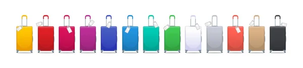 Buntes Set moderner Kunststoffkoffer mit Rädern, versenkbarem Griff und Etikett für Gepäckanhänger auf dem Koffer mit Ländercode und Barcode. Polycarbonat-Koffer isoliert auf weiß. — Stockvektor