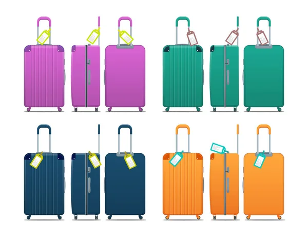 Ensemble coloré de valises en plastique modernes avec roues, poignée rétractable et étiquette de bagage sur la valise avec code pays et code à barres. Valises en polycarbonate isolées sur blanc . — Image vectorielle