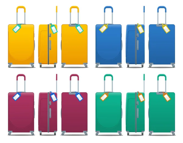 Färgstark uppsättning moderna plast resväskor med hjul, Infällbart handtag och bagage tag-etiketten på resväska med landskod och streckkod. Polykarbonat resväskor isolerad på vit. — Stock vektor