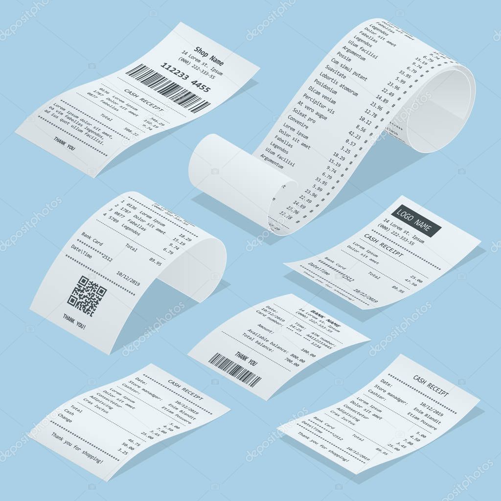 Isometric set of paper check and financial check isolated. Cash register sales receipts printed on thermal rolled paper. Cash receipt vector illustration