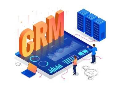 İzometrik Crm web afiş. Müşteri ilişkisi yönetimi kavramı. İş Internet teknoloji vektör çizim