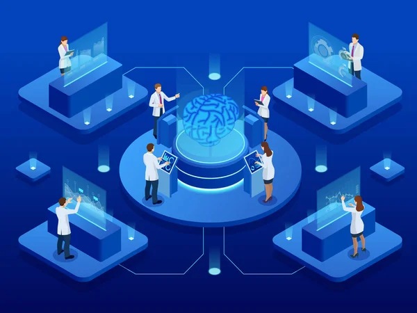 Izometrické vědecký vývoj konceptu umělé inteligence. Elektrický mozek. Laboratorní výzkum mozku. vektorové ilustrace — Stockový vektor