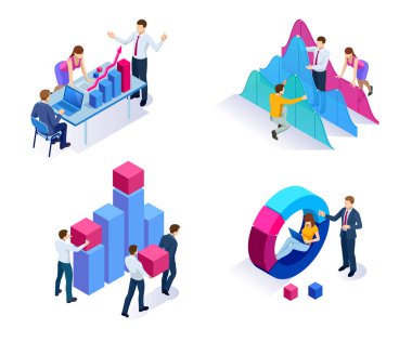 Analytics, strateji, yatırım, yönetimi, yatırım ve sanal ekonomi izometrik kavramı. İletişim ve dijital pazarlama.