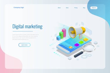 Analytics, strateji, yatırım, yönetimi, yatırım ve sanal ekonomi izometrik kavramı. İletişim ve dijital pazarlama.