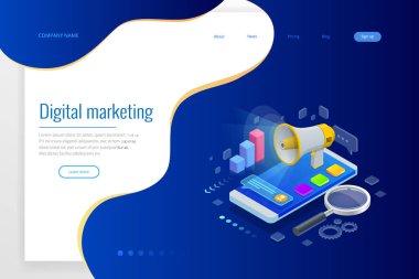 Analytics, strateji, yatırım, yönetimi, yatırım ve sanal ekonomi izometrik kavramı. İletişim ve dijital pazarlama.