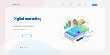 Analytics, strateji, yatırım, yönetimi, yatırım ve sanal ekonomi izometrik kavramı. İletişim ve dijital pazarlama.