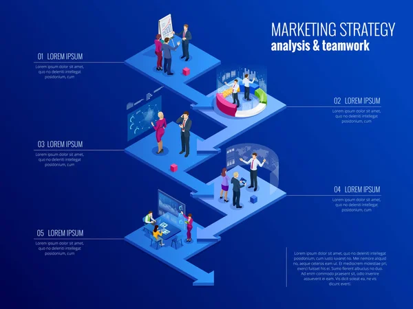 Concetto isometrico di analisi, strategia, investimento, gestione, investimento e finanza virtuale. Comunicazione e marketing digitale . — Vettoriale Stock