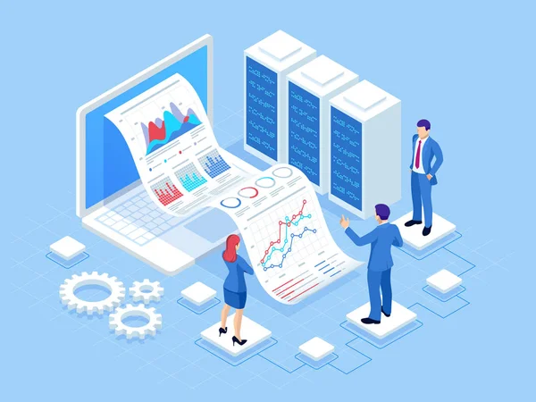 Concepto isométrico de análisis de negocio, análisis, investigación, estadística de estrategia, planificación, marketing, estudio de indicadores de rendimiento. Inversión en valores, inversión inteligente, gestión estratégica — Vector de stock