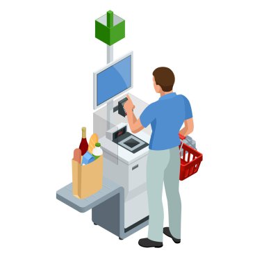 İzometrik Self-Servis kasiyer veya terminal. Genç adam dokunmatik ekran kullanarak kendi kendine kasada ödeme