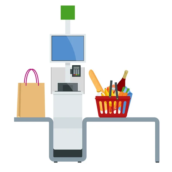 Isometric self-service cashier or terminal. Point with self-service checkout in the supermarket. — Stock Vector
