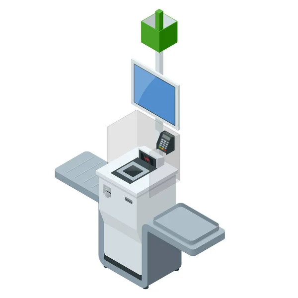 Isometric diri-service kasir atau terminal. Point dengan self-service checkout di supermarket . - Stok Vektor