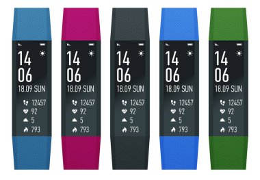 Fitness bilezik veya tracker beyaz izole bir akıllı telefon ile. Spor aksesuarları, etkinlik adımları sayaç ve kalp atışı nabız ölçer çalışan bir bileklik