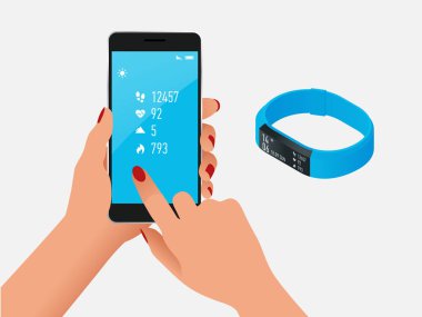 Fitness bracelet or tracker with a smartphone isolated on white. Sports accessories, a wristband with running activity steps counter and heartbeat pulse meter. clipart