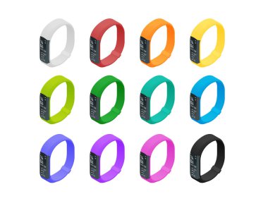 İzometrik fitness bilezik veya tracker beyaz izole bir akıllı telefon ile. Spor aksesuarları, etkinlik adımları sayaç ve kalp atışı nabız ölçer çalışan bir bileklik.