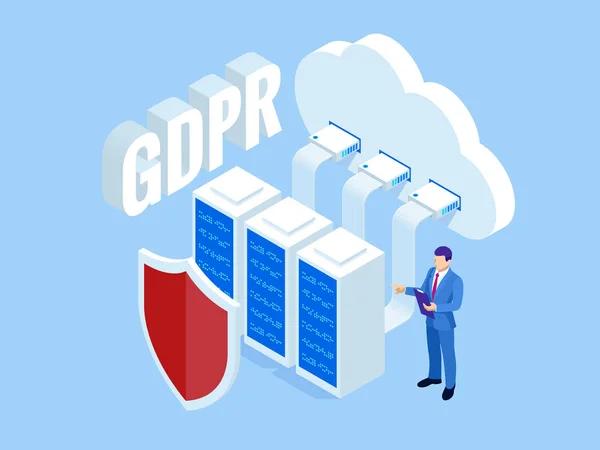 Isometric safety business. General data protection regulation GDPR concept. Idea of data protection. Online safety and privacy. Protection software, finance security — Stock Vector