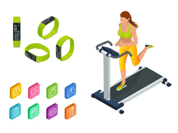 Isométrico corriendo en una cinta de correr y pulsera de fitness o rastreador aislado en blanco. Accesorios deportivos, una pulsera con contador de pasos de actividad y medidor de pulso . — Vector de stock