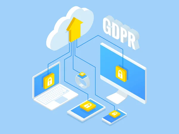 Asuntos de seguridad isométrica. Reglamento general de protección de datos Concepto RGPD. Idea de protección de datos. Seguridad y privacidad en línea. Software de protección, seguridad financiera — Vector de stock