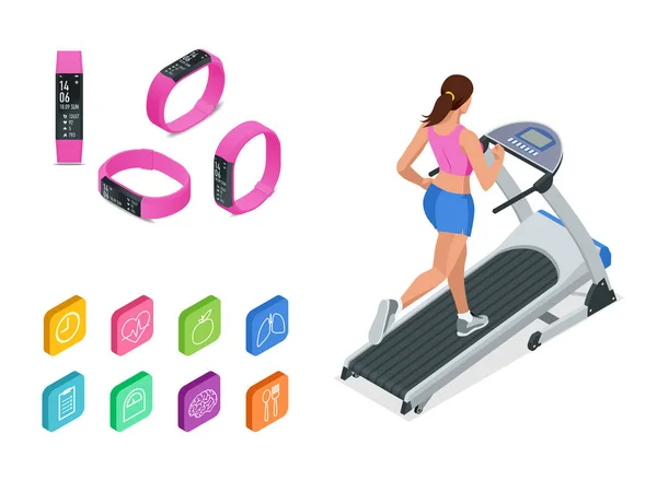 Funcionamento isométrico em esteira rolante e pulseira fitness ou rastreador isolado em branco. Acessórios esportivos, uma pulseira com contador de passos de atividade de corrida e medidor de pulso de batimento cardíaco . —  Vetores de Stock