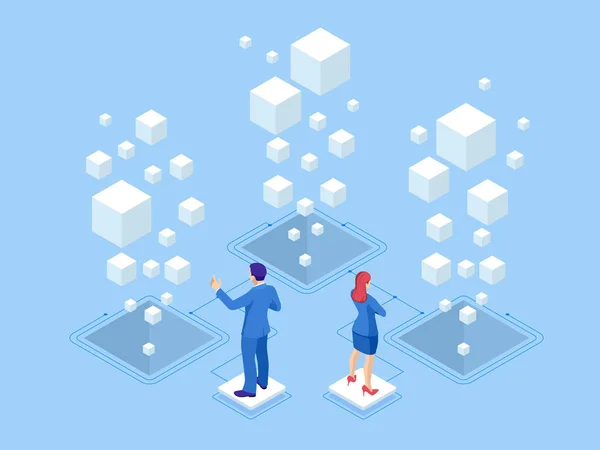 Isometric web banner Data Analisis dan Statistik konsep. Vektor analisa bisnis ilustrasi, visualisasi data. Teknologi, Internet dan konsep jaringan. Data dan investasi . - Stok Vektor