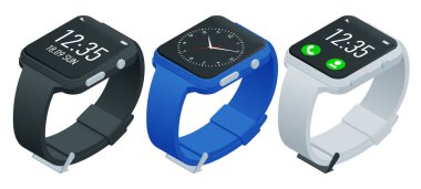 Atlet akıllı saat veya fitness bilezik. Beyaz üzerinde izole edilmiş izometrik akıllı saat. SmartWatch beyaz yüzeye yansıtılır. Akıllı iWatch renkli ekran simgesi izle.