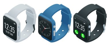 Atlet akıllı saat veya fitness bilezik. Beyaz üzerinde izole edilmiş izometrik akıllı saat. SmartWatch beyaz yüzeye yansıtılır. Akıllı iWatch renkli ekran simgesi izle.