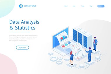 Veri analizi, Iş Istatistik, yönetim, danışmanlık, pazarlama için izometrik uzman ekibi. Açılış sayfası şablonu kavramı.