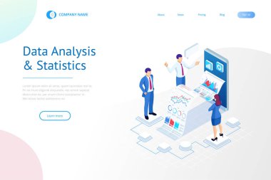 Veri analizi, Iş Istatistik, yönetim, danışmanlık, pazarlama için izometrik uzman ekibi. Açılış sayfası şablonu kavramı.