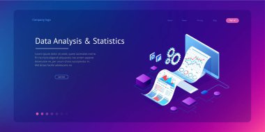 Veri analizi, Iş Istatistik, yönetim, danışmanlık, pazarlama için izometrik uzman ekibi. Açılış sayfası şablonu kavramı.
