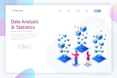 Veri analizi, Iş Istatistik, yönetim, danışmanlık, pazarlama için izometrik uzman ekibi. Açılış sayfası şablonu kavramı.