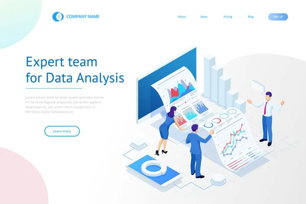 Isométrico Equipo de expertos en Análisis de Datos, Estadística de Negocios, Gestión, Consultoría, Marketing. Concepto de plantilla de página de destino . — Archivo Imágenes Vectoriales