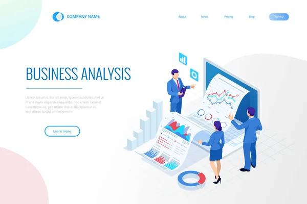 Isometrische deskundig team voor Data-analyse, statistiek Business, Management, Consulting, Marketing. Landing pagina sjabloon concept. — Stockvector