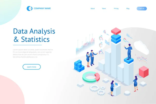 Isometrische deskundig team voor Data-analyse, statistiek Business, Management, Consulting, Marketing. Landing pagina sjabloon concept. — Stockvector