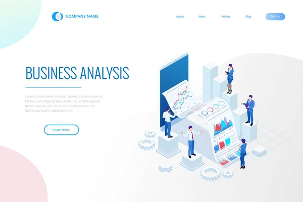 Isométrico Equipo de expertos en Análisis de Datos, Estadística de Negocios, Gestión, Consultoría, Marketing. Concepto de plantilla de página de destino . — Archivo Imágenes Vectoriales