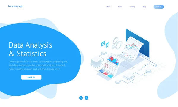 Isometrische deskundig team voor Data-analyse, statistiek Business, Management, Consulting, Marketing. Landing pagina sjabloon concept. — Stockvector