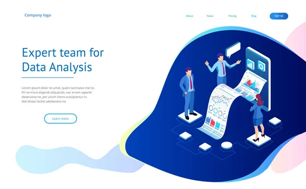 Isometric Expert team for Data Analysis, Business Statistic, Management, Consulting, Marketing. Landing page template concept. — Stock Vector