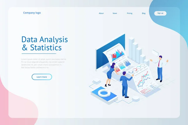 Isometrisches Expertenteam für Datenanalyse, Unternehmensstatistik, Management, Beratung, Marketing. Landing Page Template Konzept. — Stockvektor