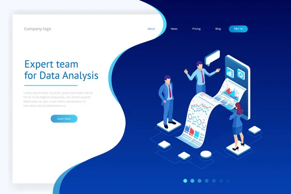 Team di esperti isometrici per analisi dei dati, statistiche aziendali, gestione, consulenza, marketing. Concetto modello pagina di destinazione . — Vettoriale Stock