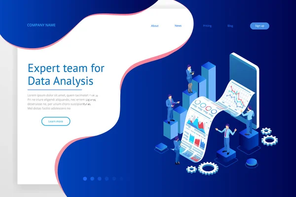 Isometrische deskundig team voor Data-analyse, statistiek Business, Management, Consulting, Marketing. Landing pagina sjabloon concept. — Stockvector