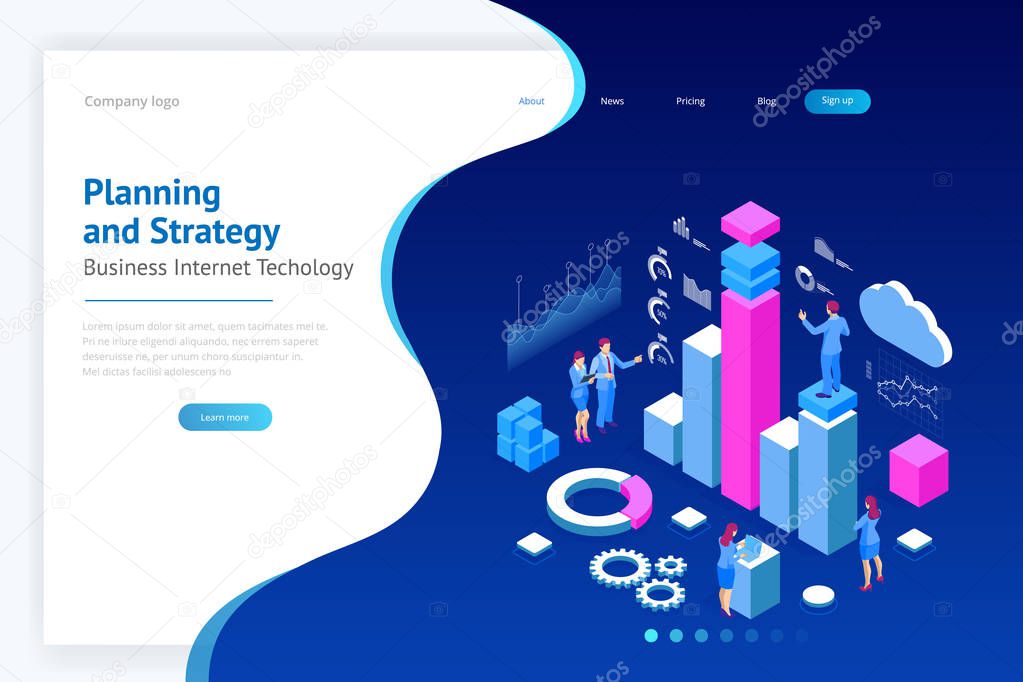Isometric Expert team for Data Analysis, Business Statistic, Management, Consulting, Marketing. Landing page template concept.