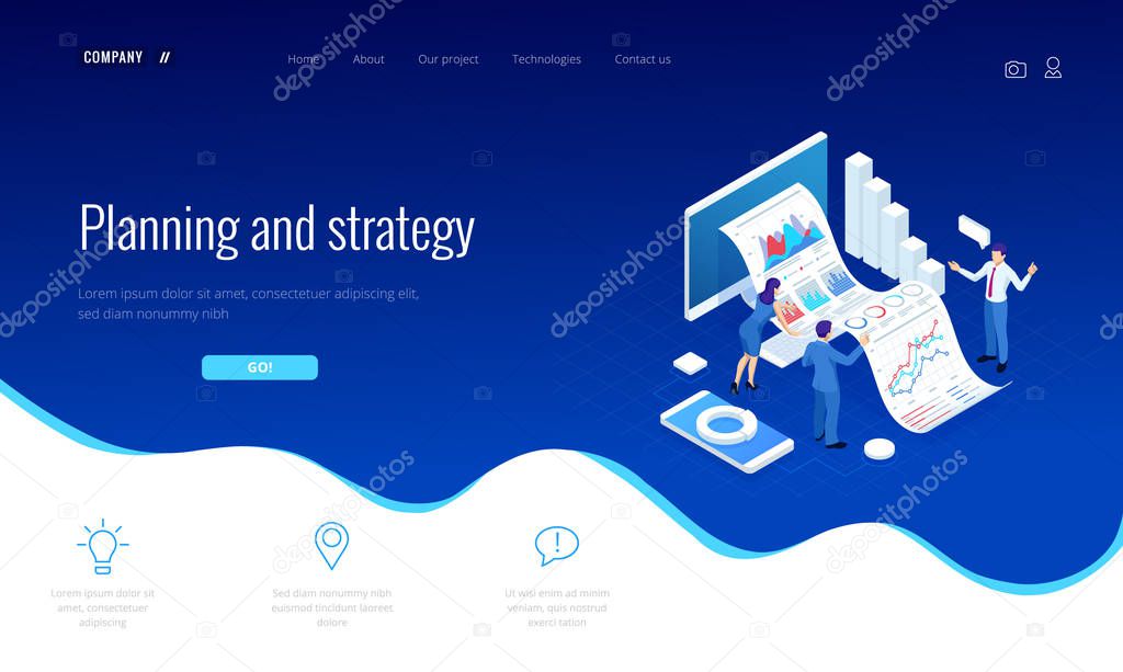 Isometric Expert team for Data Analysis, Business Statistic, Management, Consulting, Marketing. Landing page template concept.