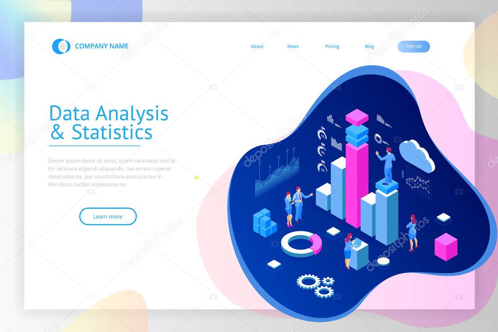 Isometric Expert team for Data Analysis, Business Statistic, Management, Consulting, Marketing. Landing page template concept.