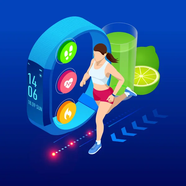 Isometric fitness bracelet or tracker with a smartphone, an athlete running outdoors. Jogging and running infographics — Stock Vector