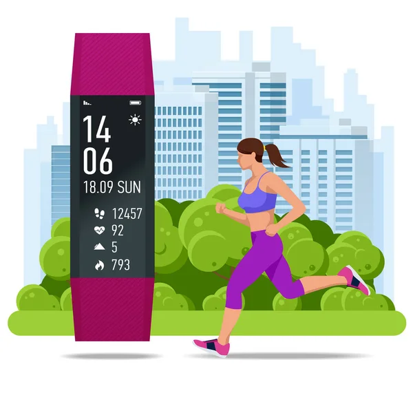 Womens fitness armband of tracker, een atleet buiten uitgevoerd. Joggen en uitvoeren van infographics — Stockvector