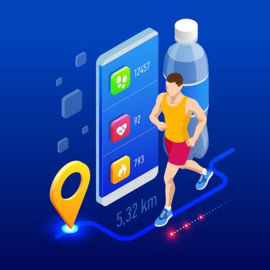 İzometrik fitness bilezik veya İzleyicisi bir atlet açık havada çalışan bir smartphone ile. Koşu ve infographics çalıştıran